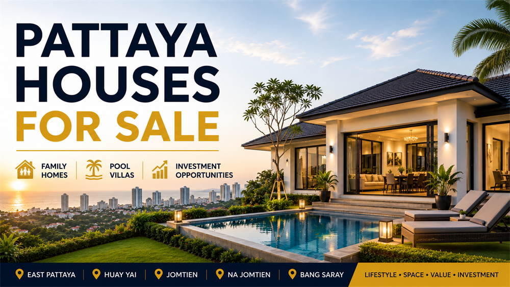 Houses for sale across Pattaya featuring family homes, private pool villas and investment properties in East Pattaya, Huay Yai, Jomtien, Na Jomtien and Bang Saray.